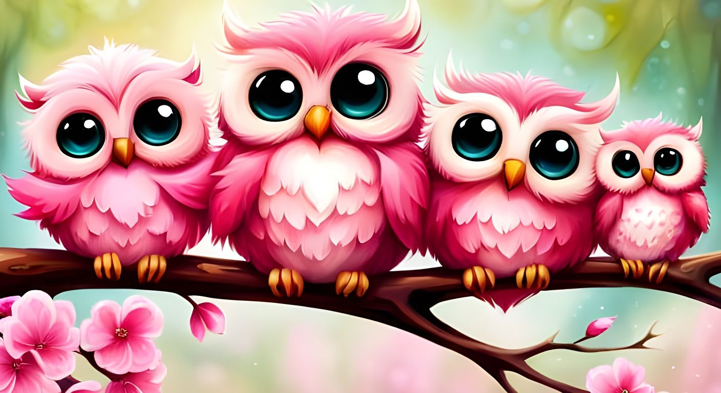 Chibi Pink Owl Family in Sakura Garden