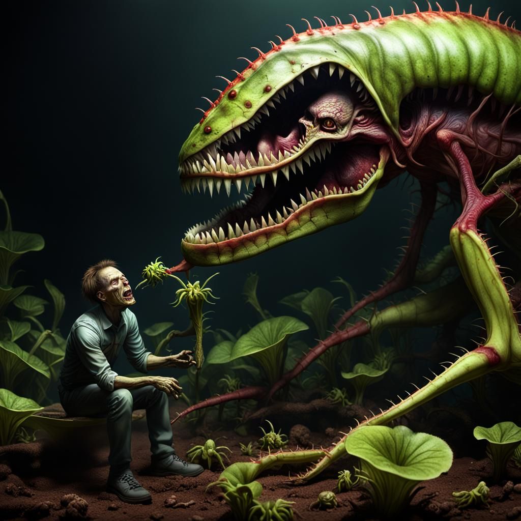 Venus Flytrap Consuming Rotting Body in Dark Fantasy Art