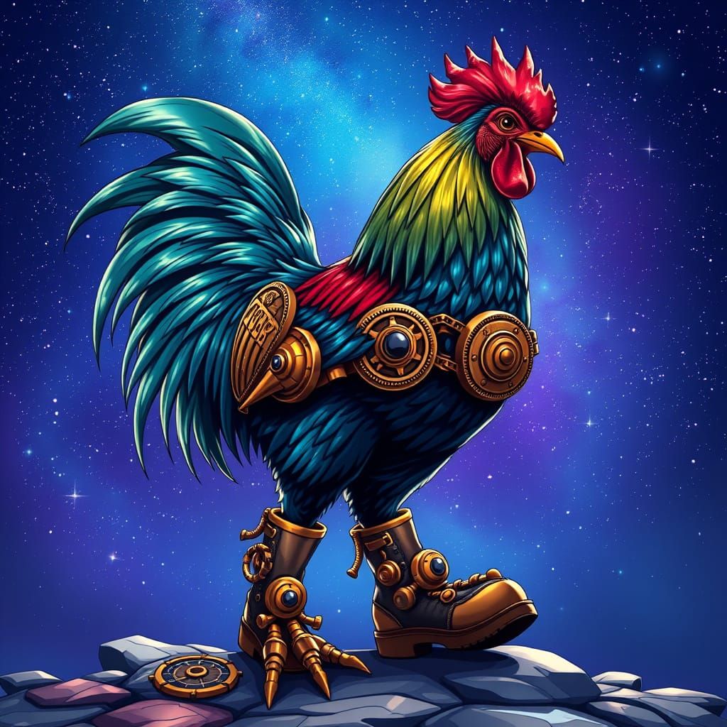 Steampunk Rooster Soars in Vibrant Night Sky with Intricate ...