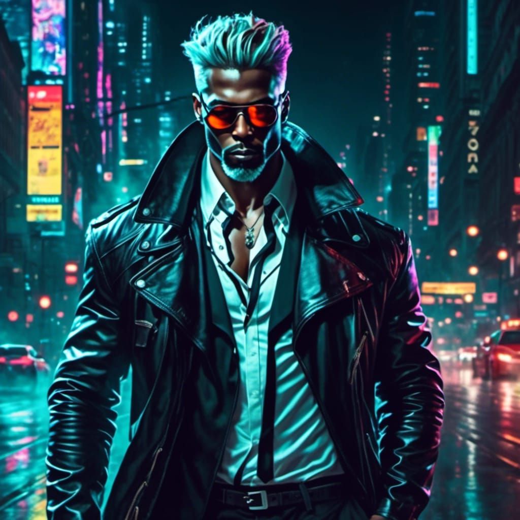 Cyberpunk Detective in Noir Cityscape
