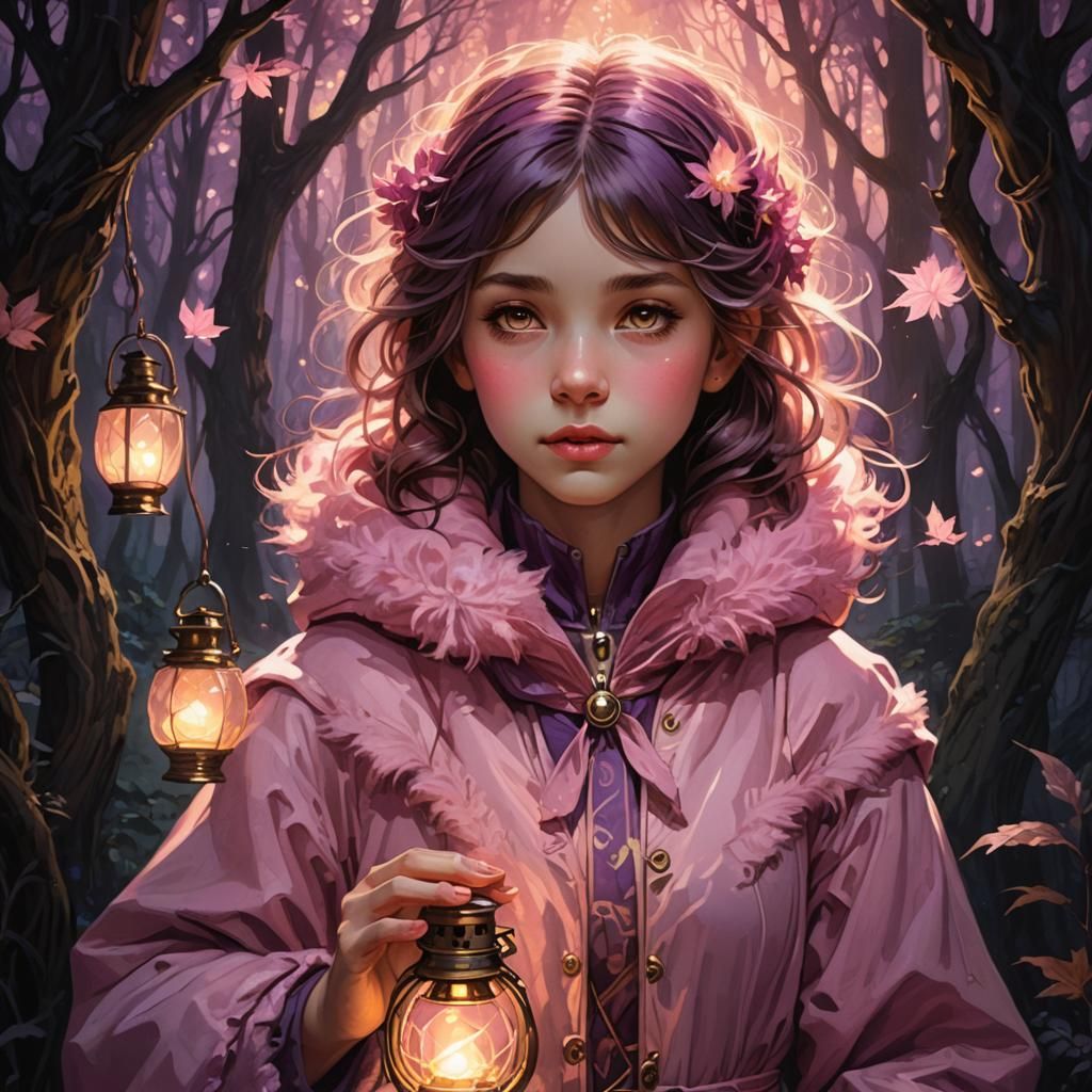 Girl in Pink Jacket in Mystical Forest, Art Nouveau