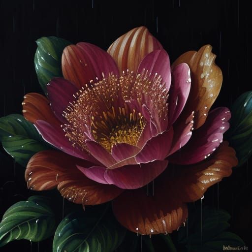 Baroque Flower Blooms in Rain Gouache Painting