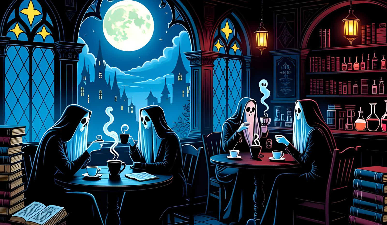 Gothic Enchanted Cafe Under Moonlit Sky