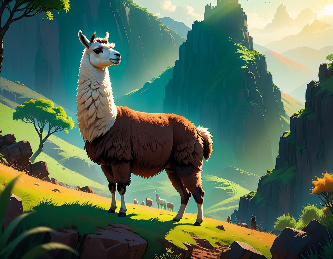 Llama Surveys Herd in Dramatic Landscape