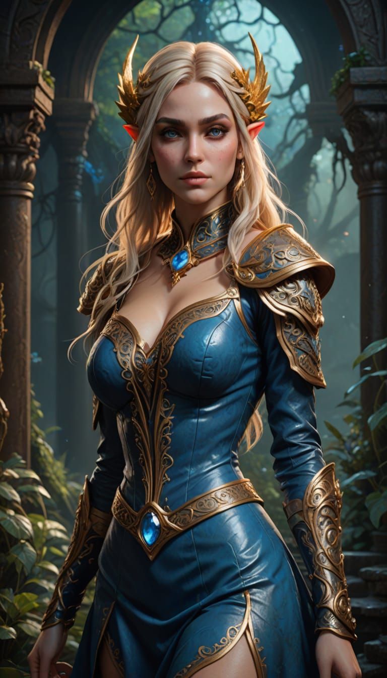Fantasy Elf Woman in Blue Dress with Gold Trim