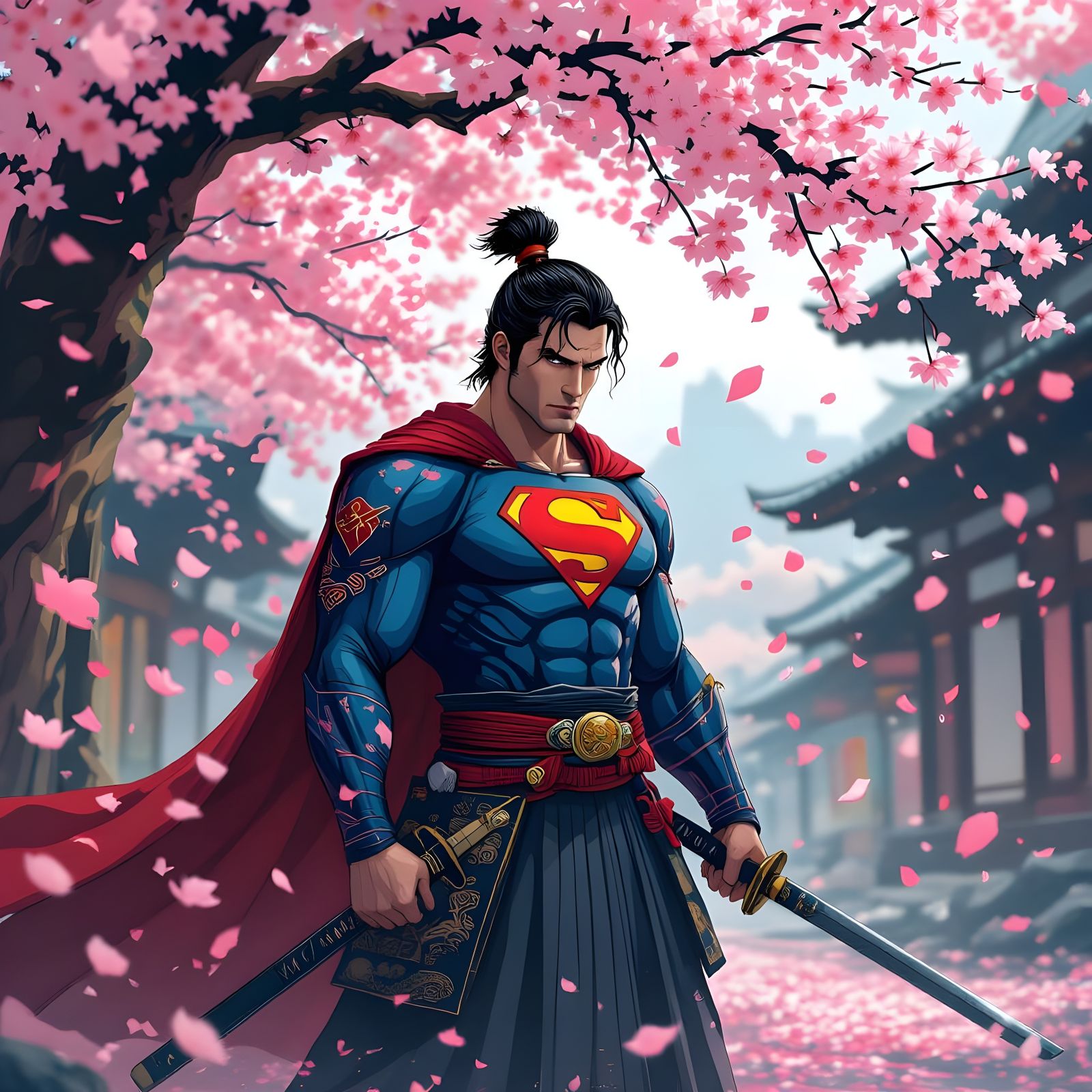 Samurai Superman with Katana and Cherry Blossoms