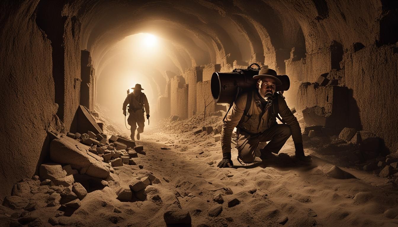 Explorer Crawling Through Horror Tunnel at Night