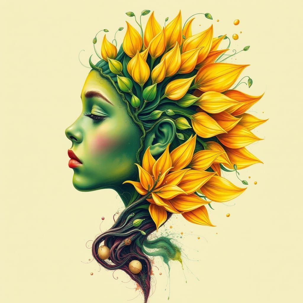 Surreal Botanical Transformation: Girl Merges with Nature