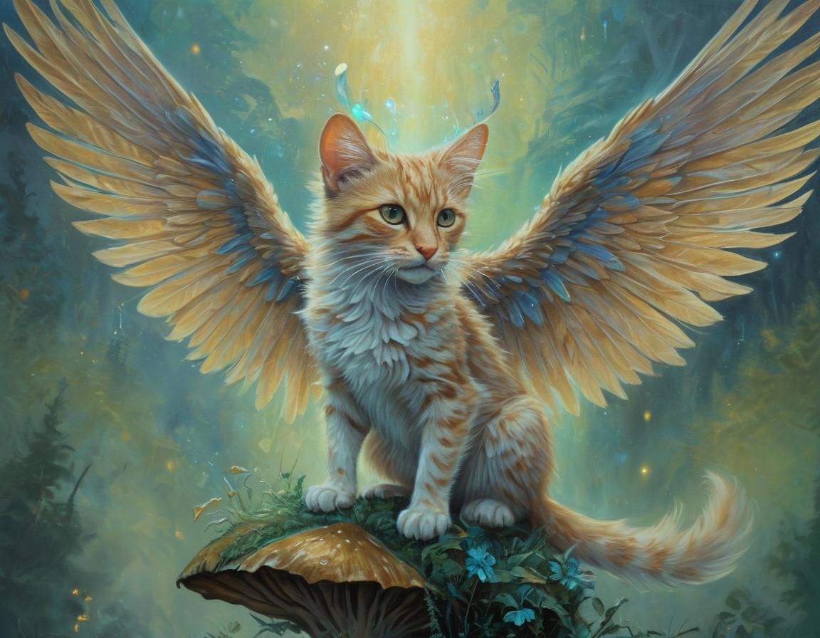 Winged Feline on Glowing Mushroom: Imaginative Realism