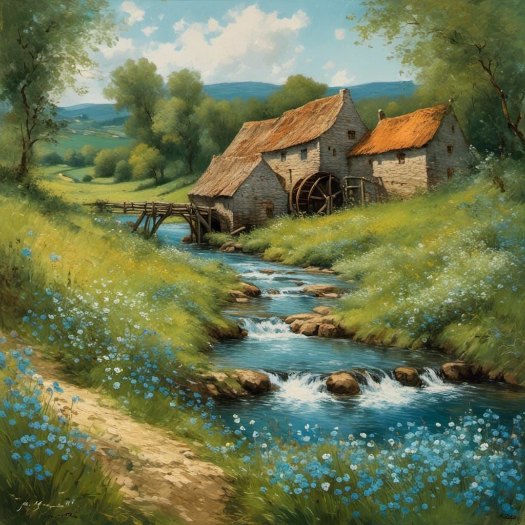 Picturesque Watermill Landscape in Van Gogh Style