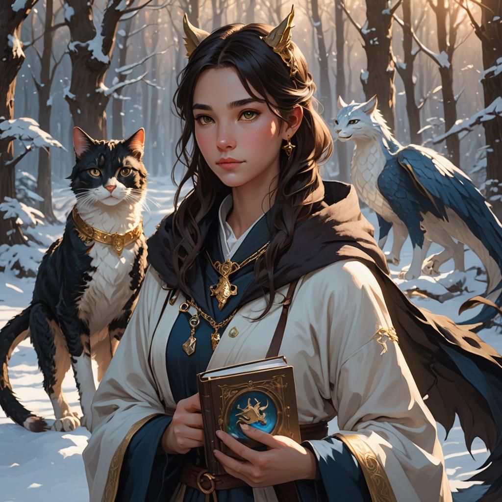 Fantasy Girl with Dragon in Snowy Forest