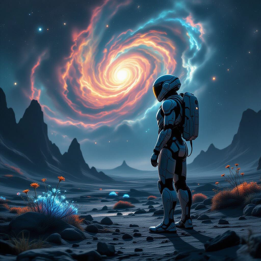 Cyborg Explorer on Alien Planet in Cyberpunk Style