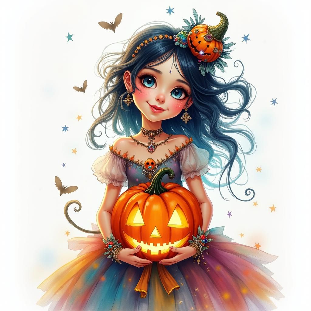 Whimsical Princess with Jack-O'-Lantern, Digital Acrylic Pai...