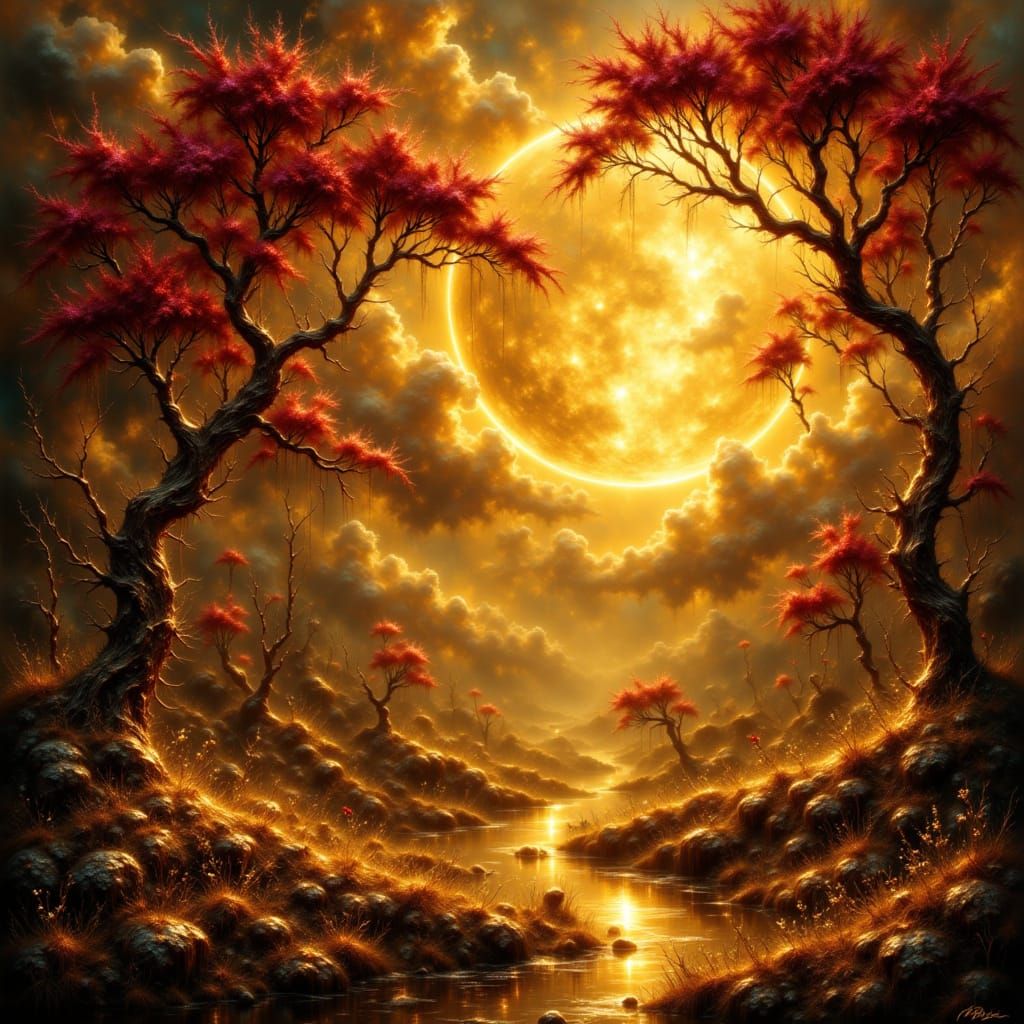 Magical Twilight Landscape with Glowing Moon