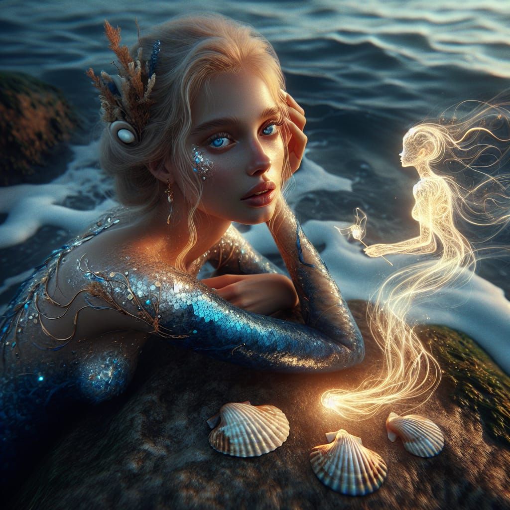 Elegant Mermaid with Sparkling Scales Gazes Out to Sea