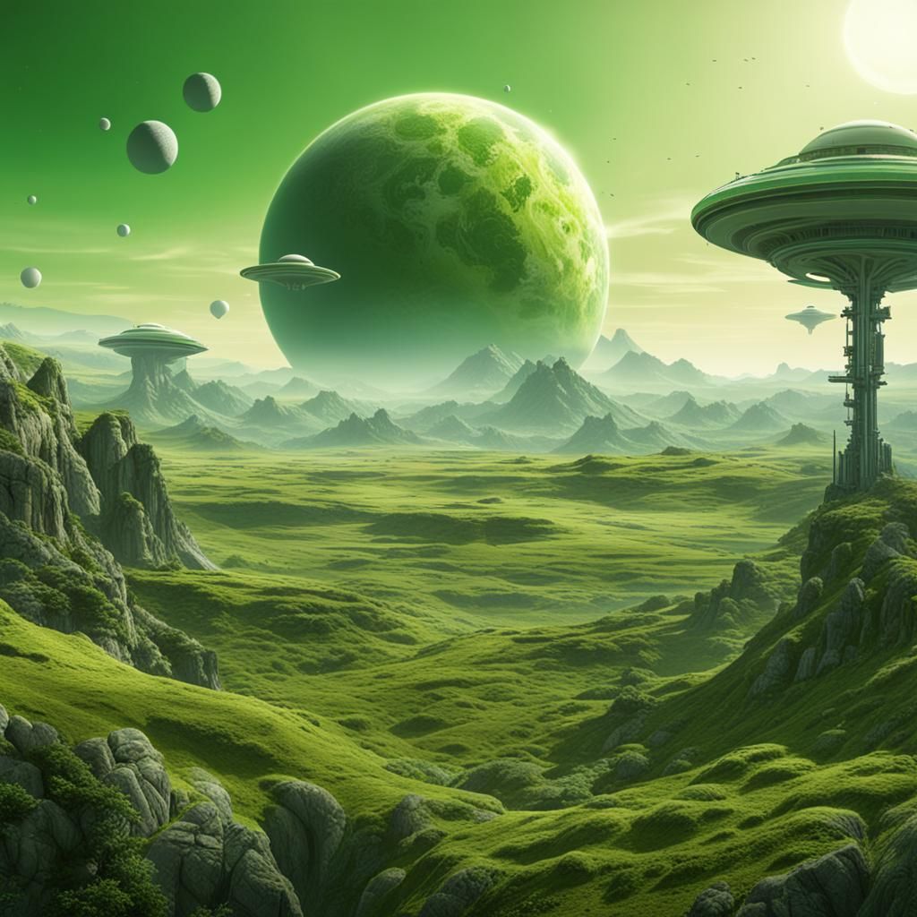 Lush Alien Planet with Ringed Planet and Space Station