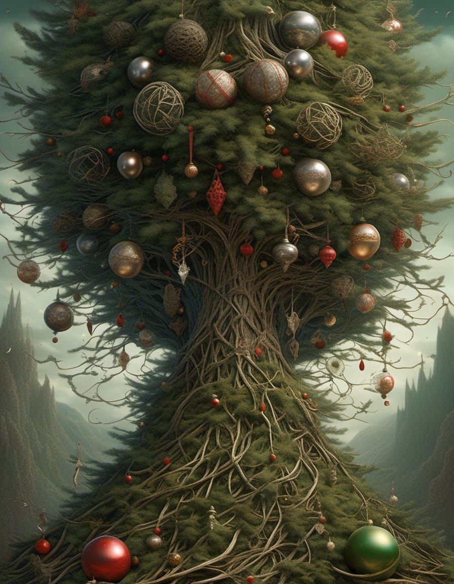 Surreal Botanical Christmas Tree with Intricate Details