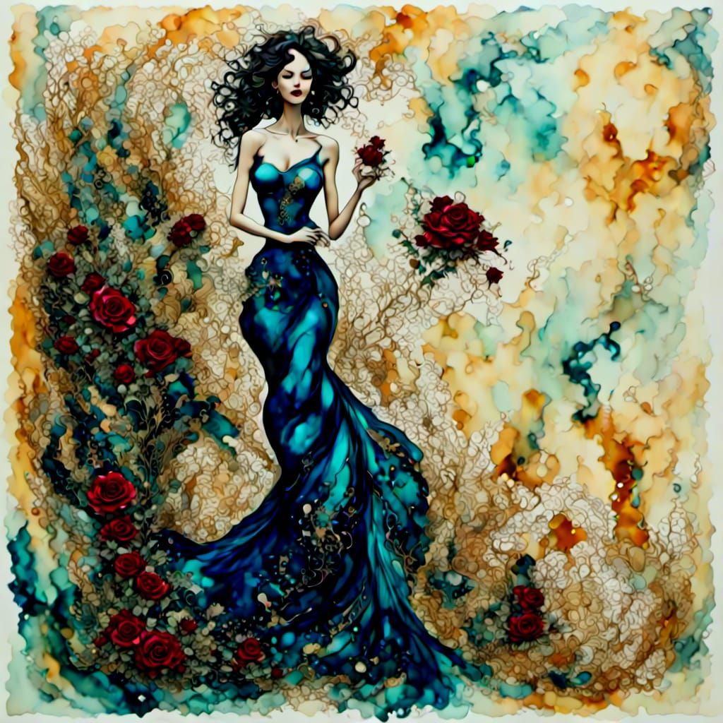 Girl in Blue Dress Holding Red Rose