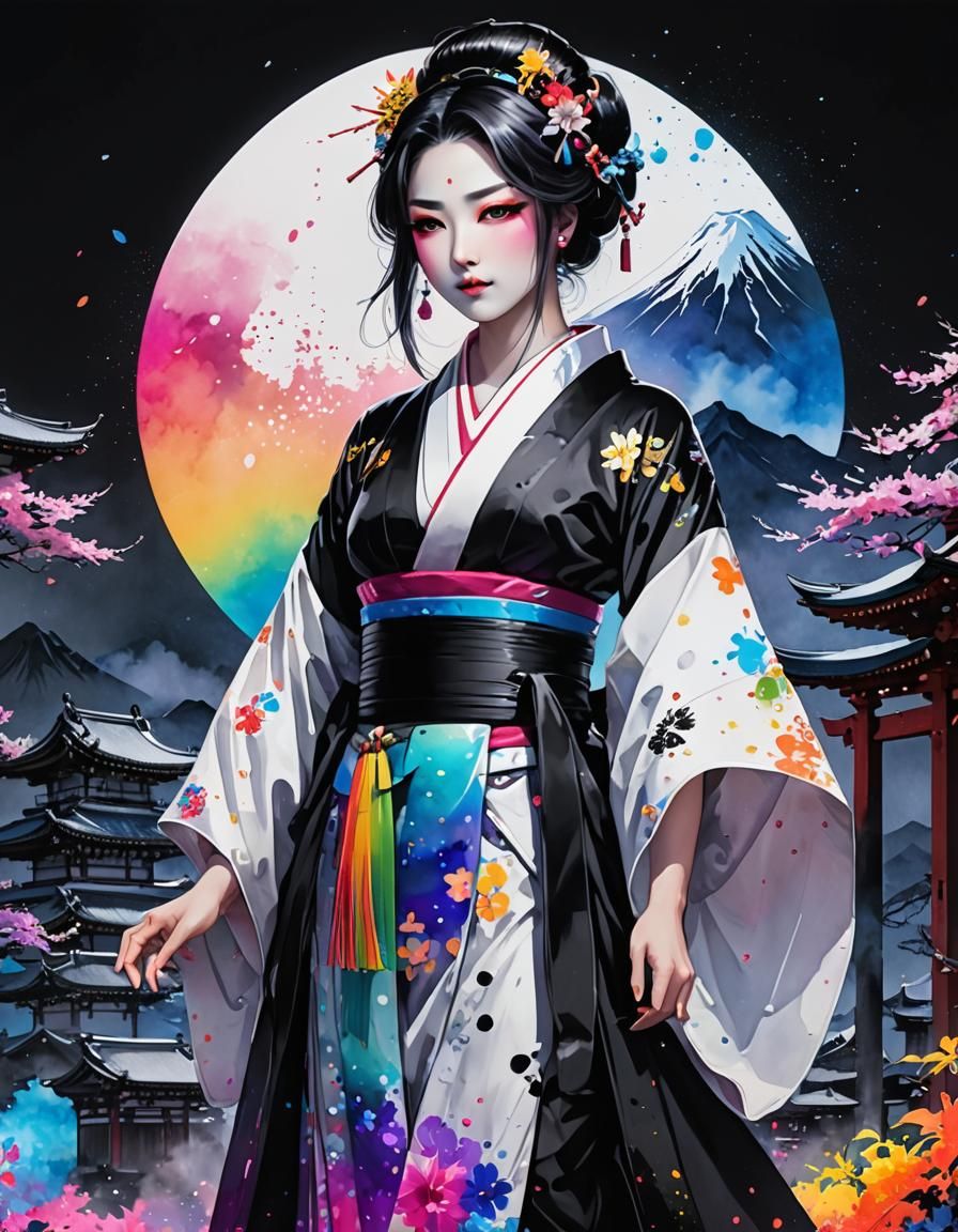 Geisha at Temple with Fuji: Black and White Watercolor