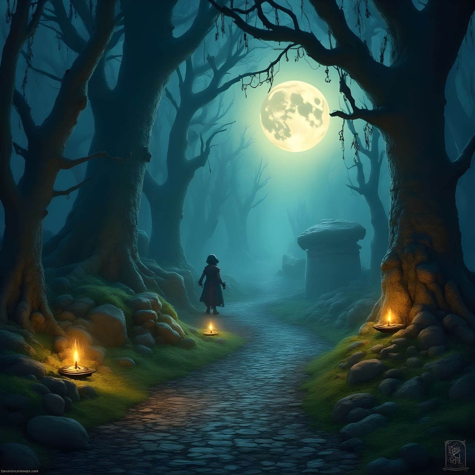 A Young Adventurer Navigates a Luminous Forest Under the Ful...