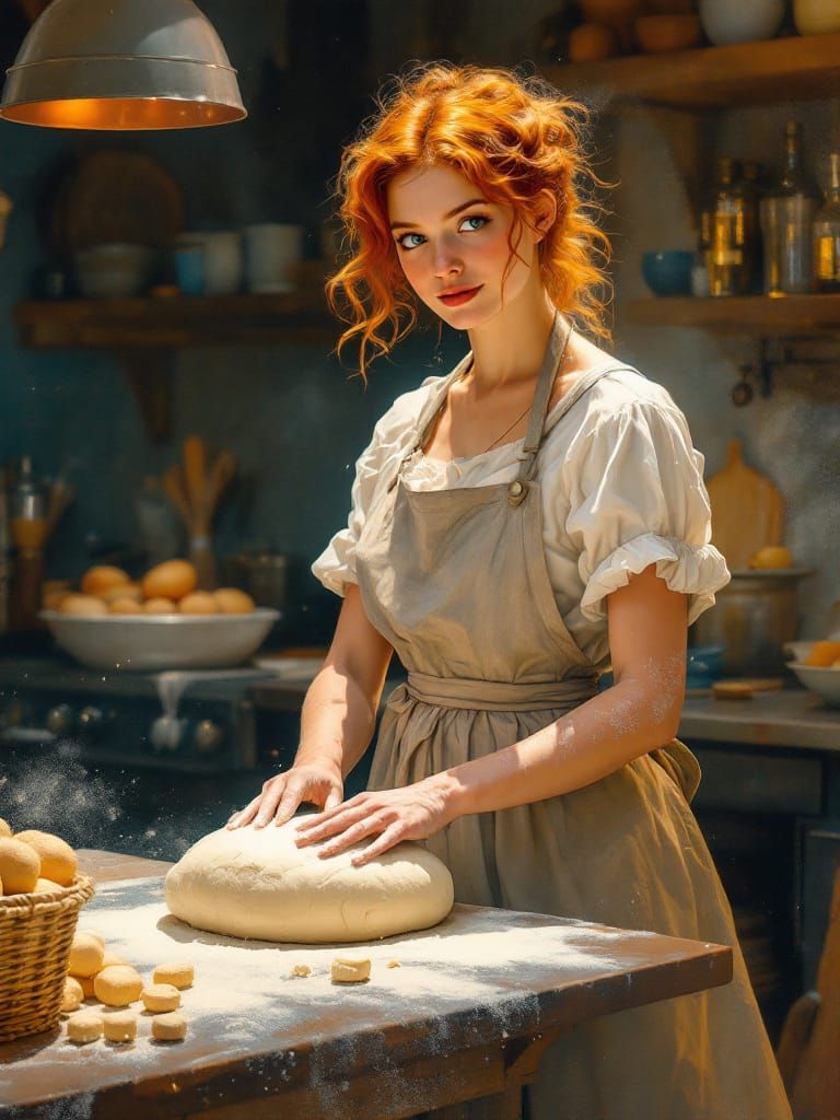 Redhead Baker Kneading Dough in Sun-Warmed Kitchen