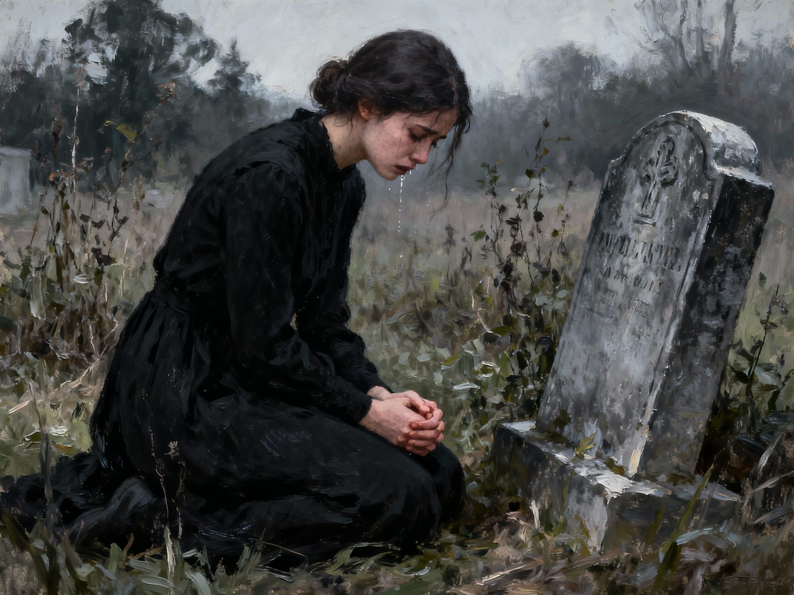 Young Woman Grieving at Gravestone in Impasto Style