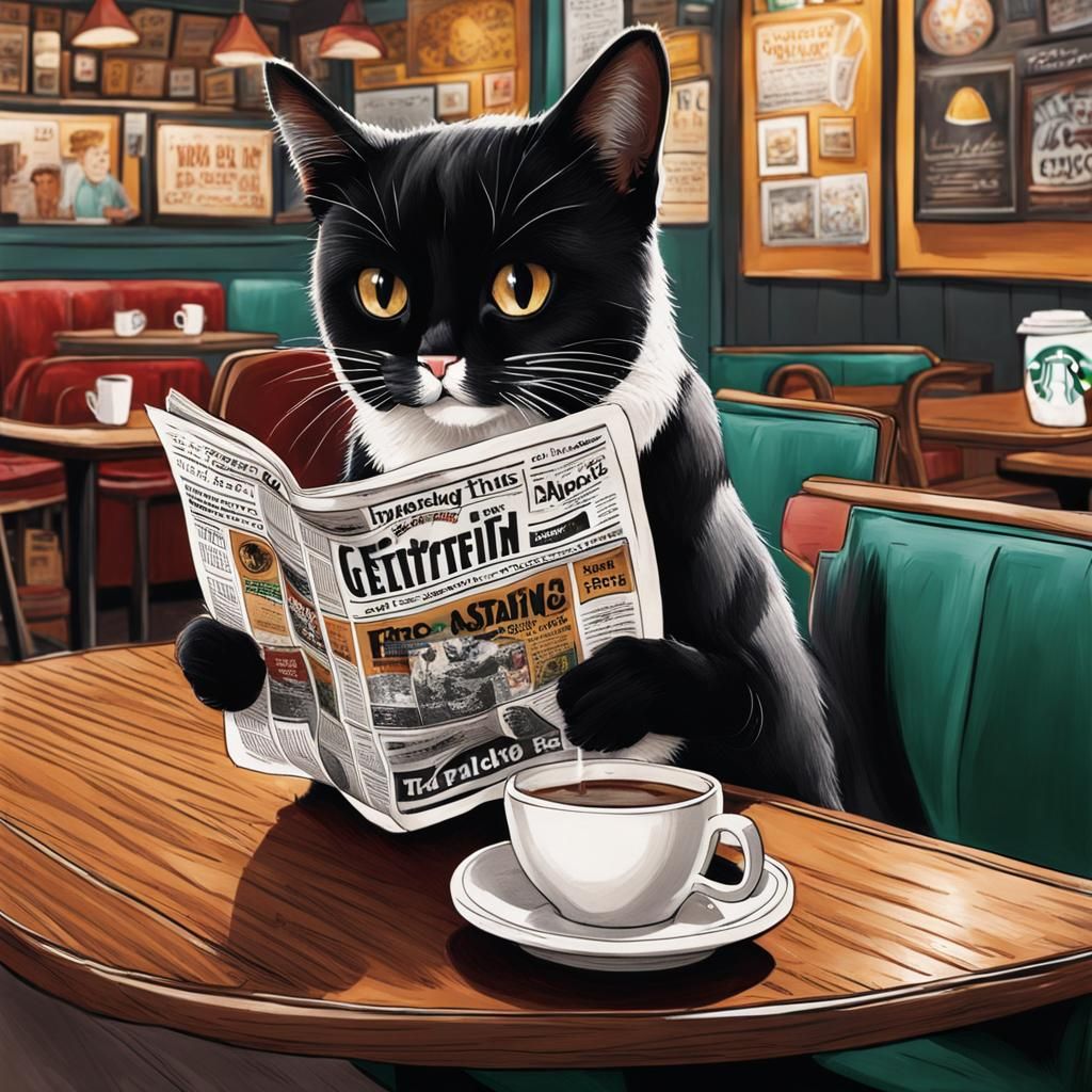Cute Cat Reading Newspaper at Starbucks in Cartoon Style