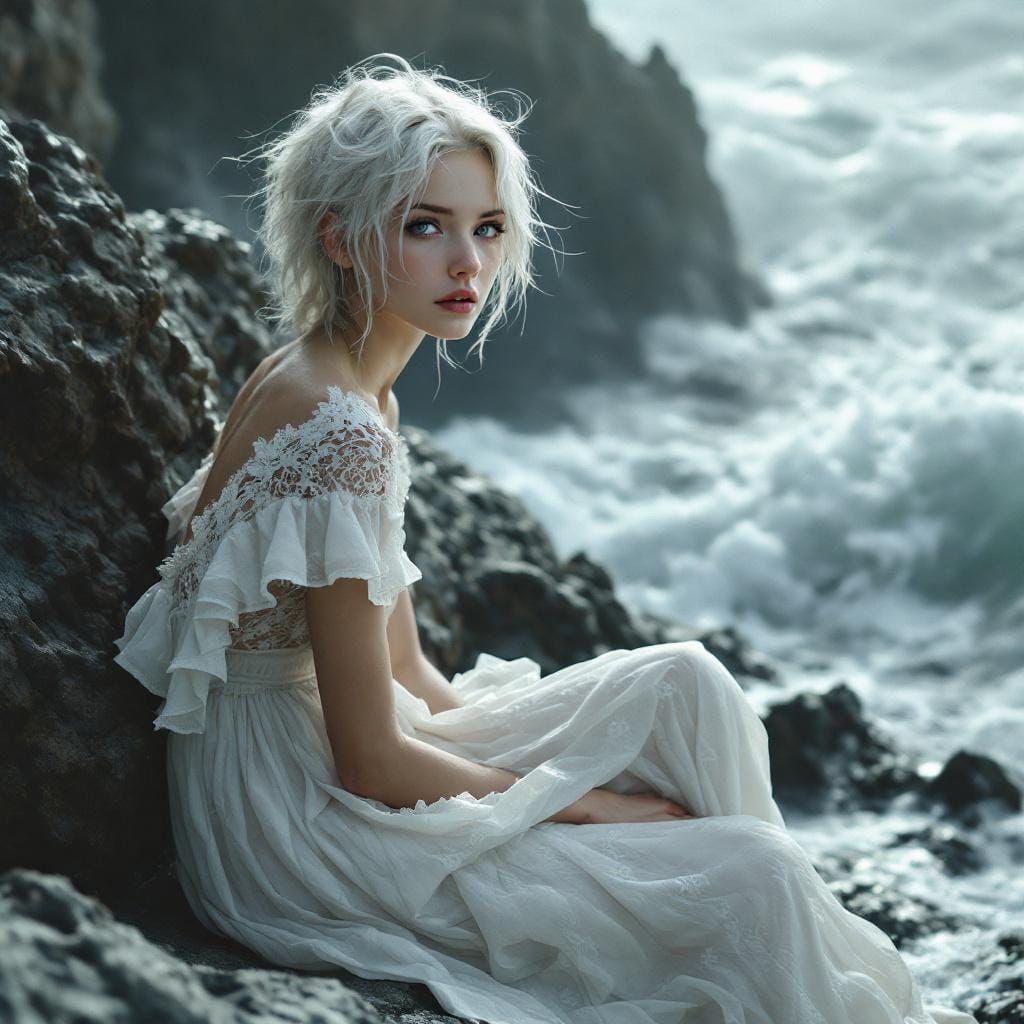Albino Woman by a Turbulent Sea, Hyperrealistic Style