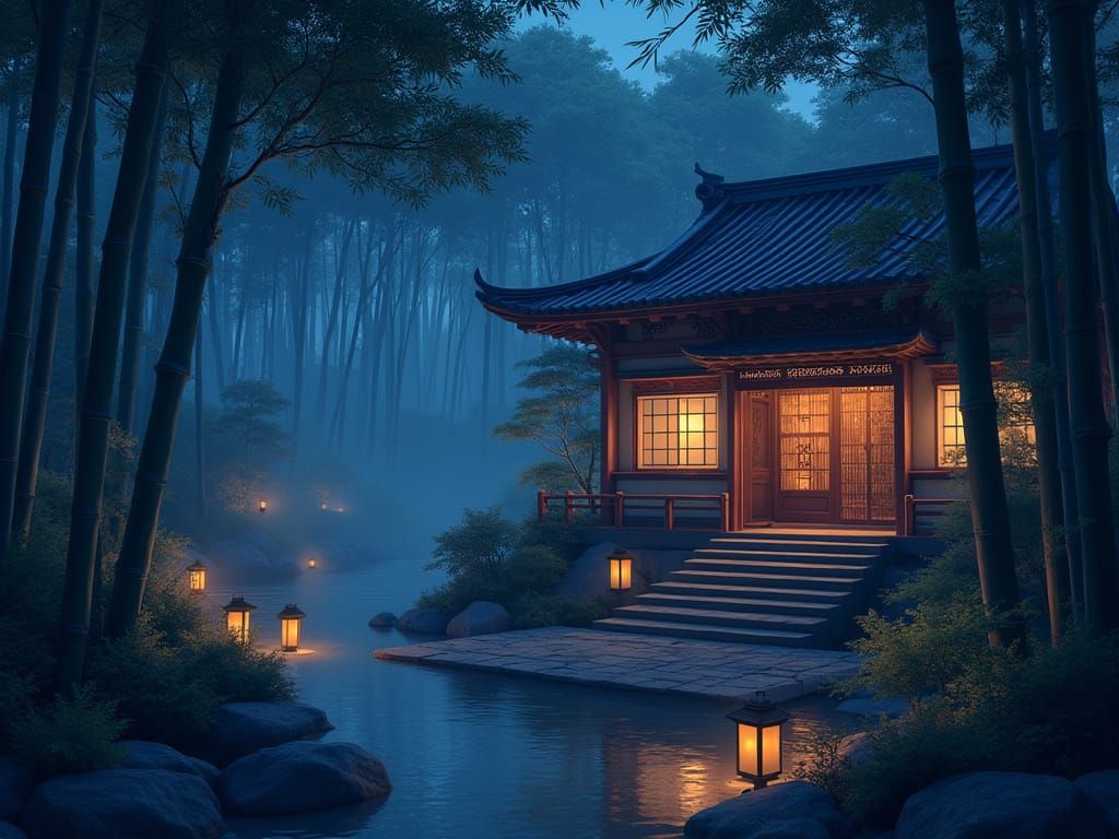 Twilight Bamboo Forest Path to Ancient Tea House