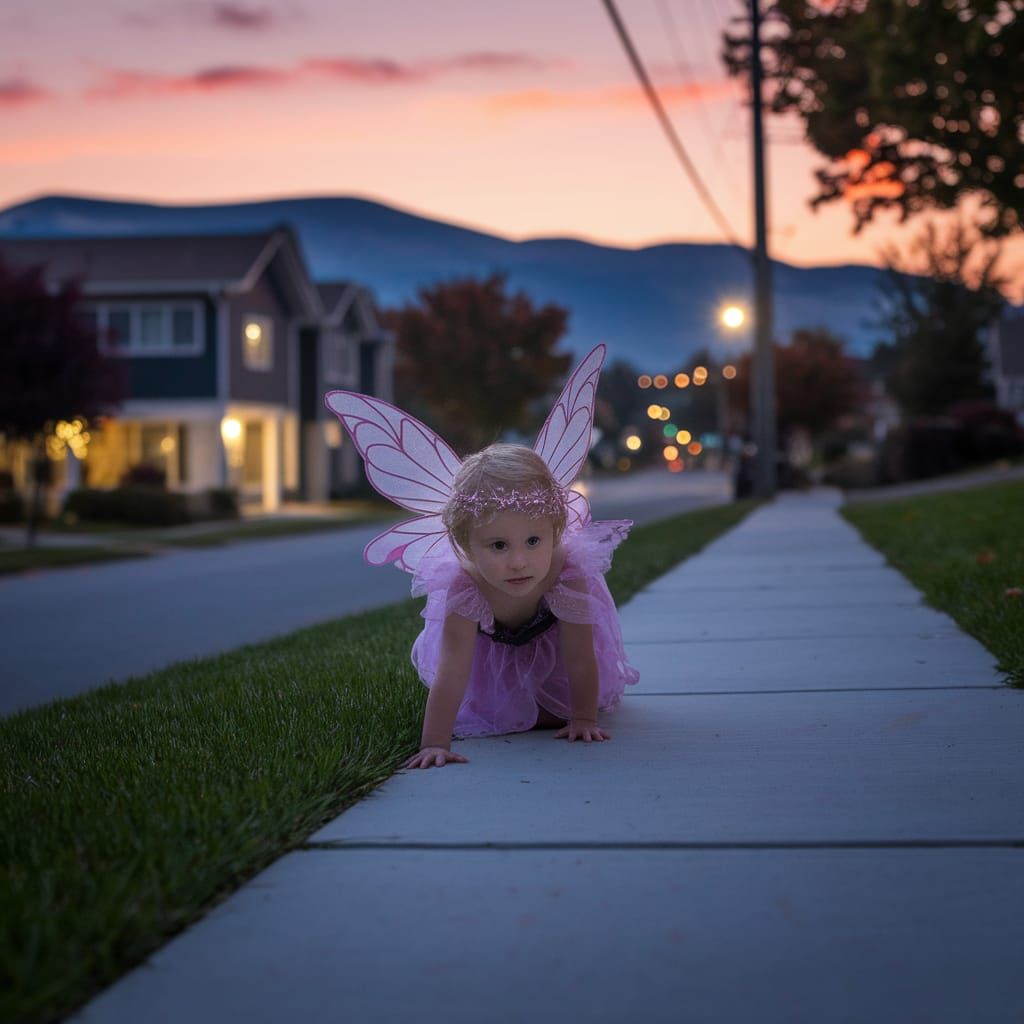Kid in Fairy Costume Crawls Up Steep Sidewalk on Halloween