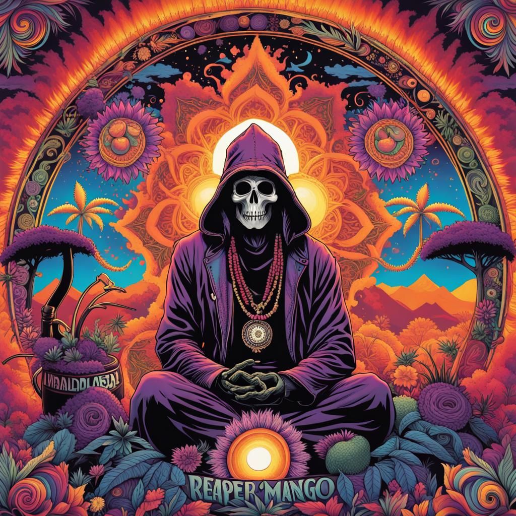 Cosmic Farmer Reaper at Sunrise: A Groovy Scene