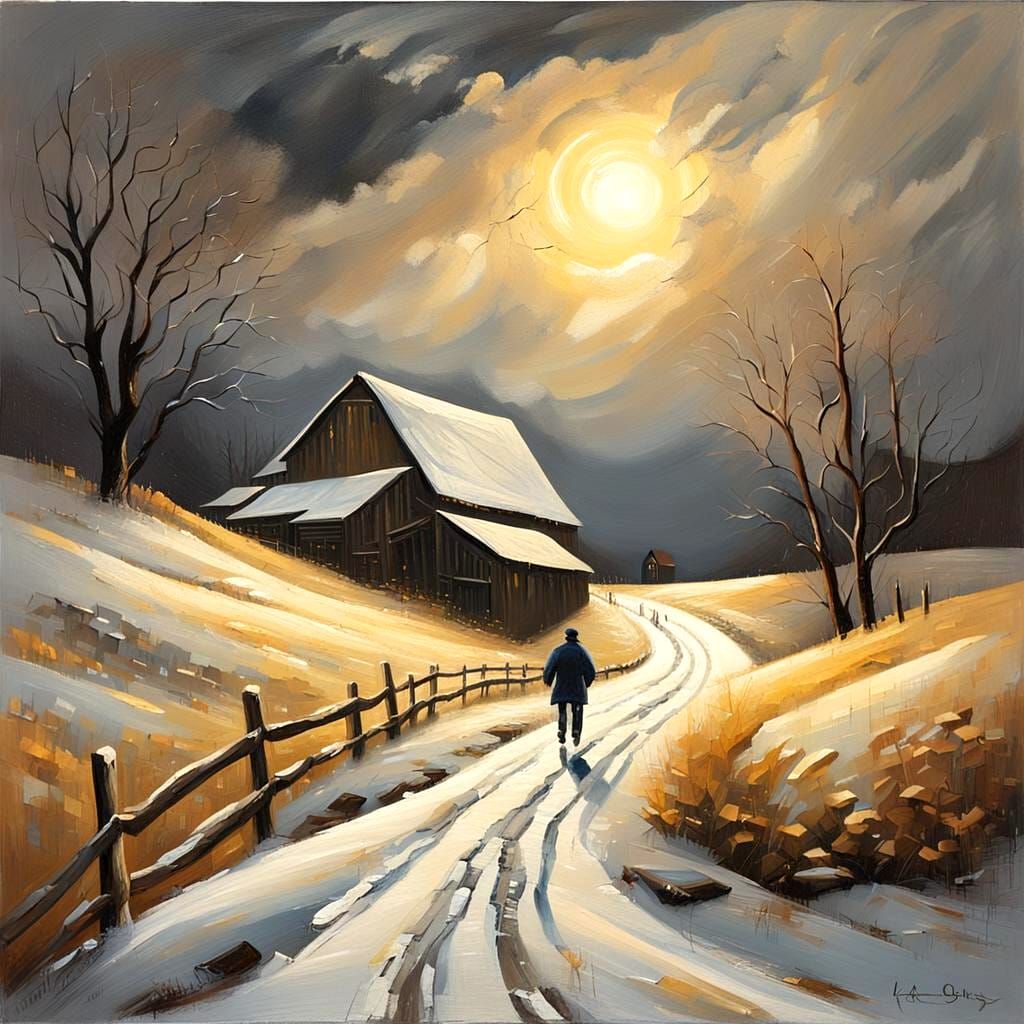 Snowy Lane to Barn: Fine Oil Painting