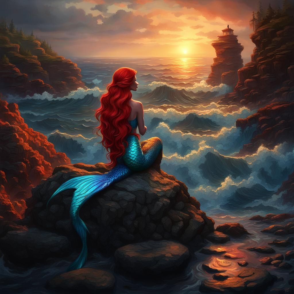 Mermaid Gazing at Sunset as Impasto Painting