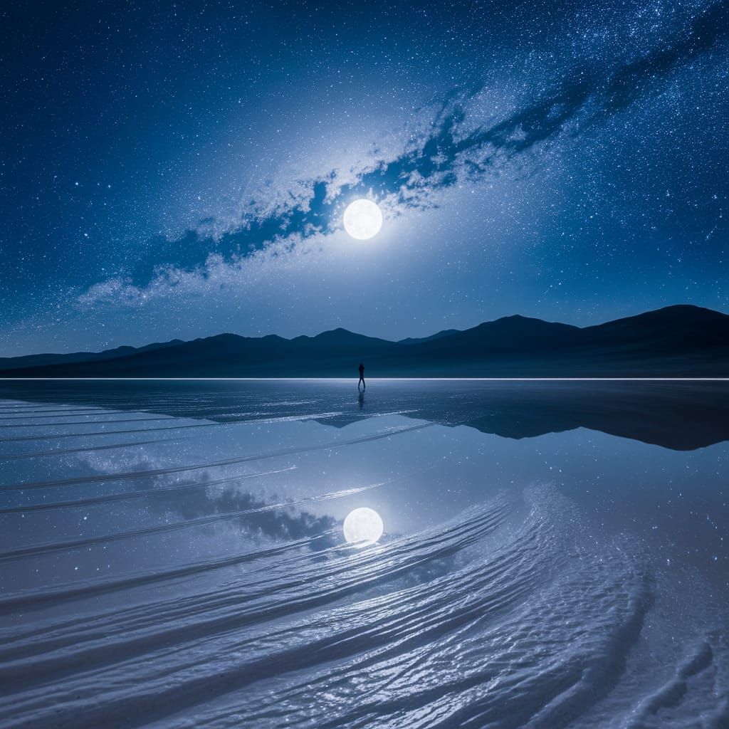 Mirror-Like Uyuni Salt Flats Reflecting Moonlit Night Sky