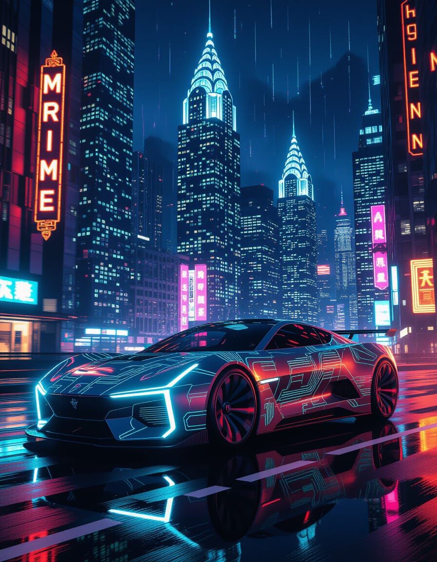 Futuristic Art Deco Car in Neon Cityscape