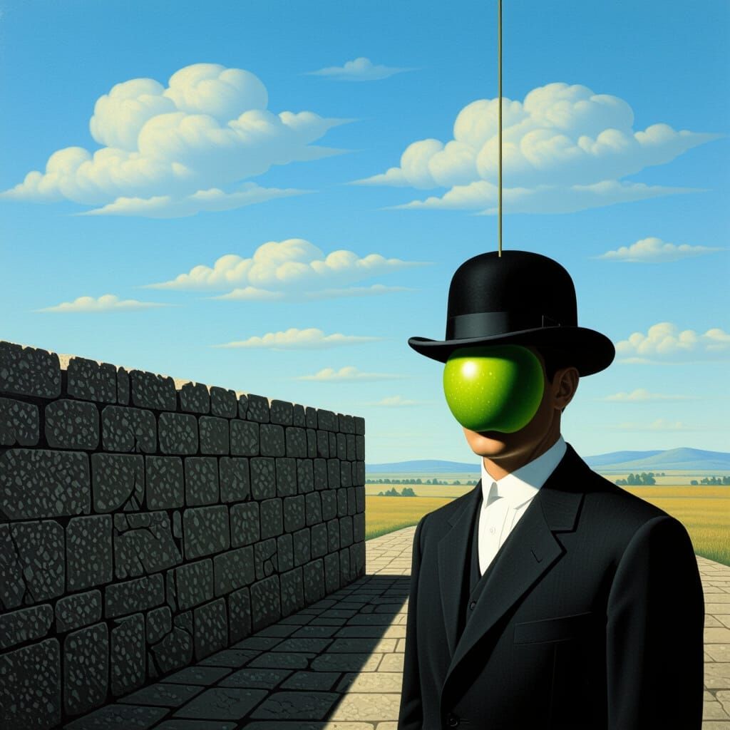 Surreal Man with Apple in Magritte Style