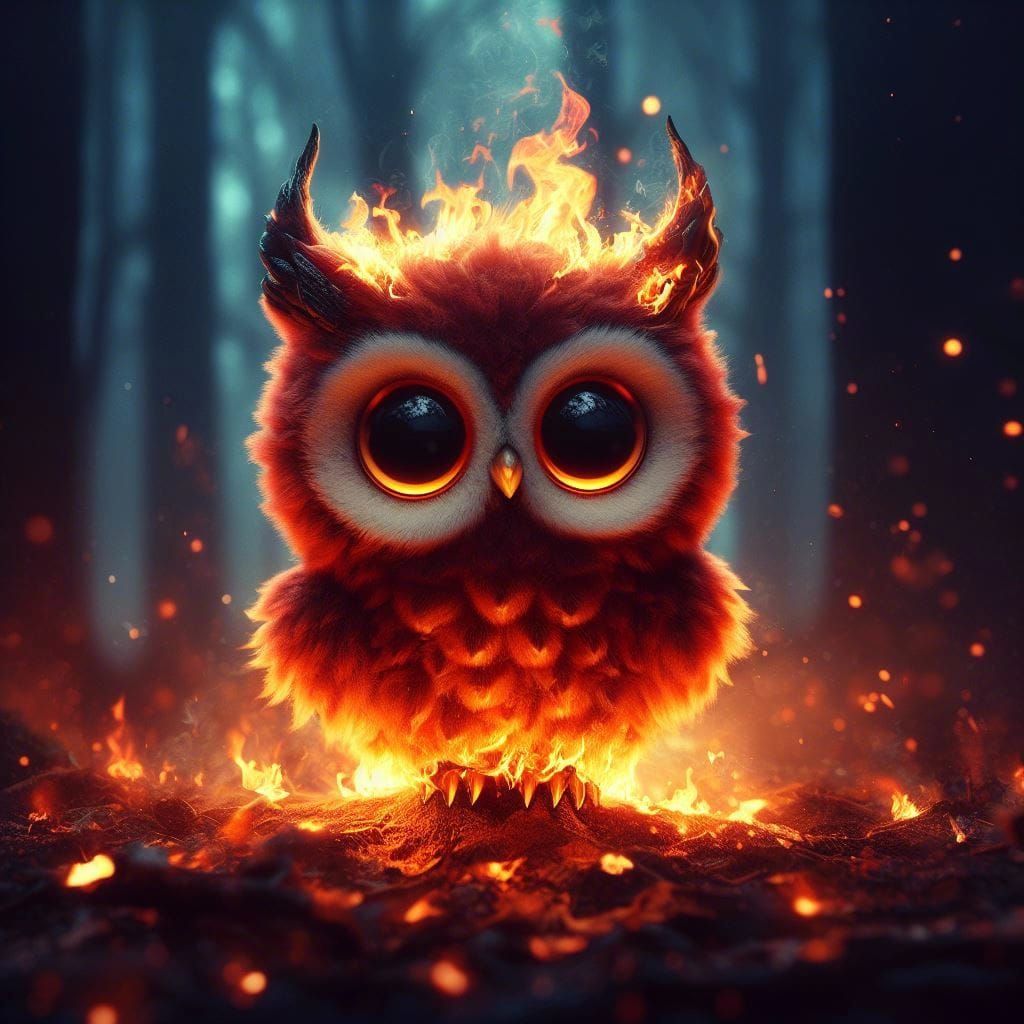 Fiery Demon Owl in Spooky Forest