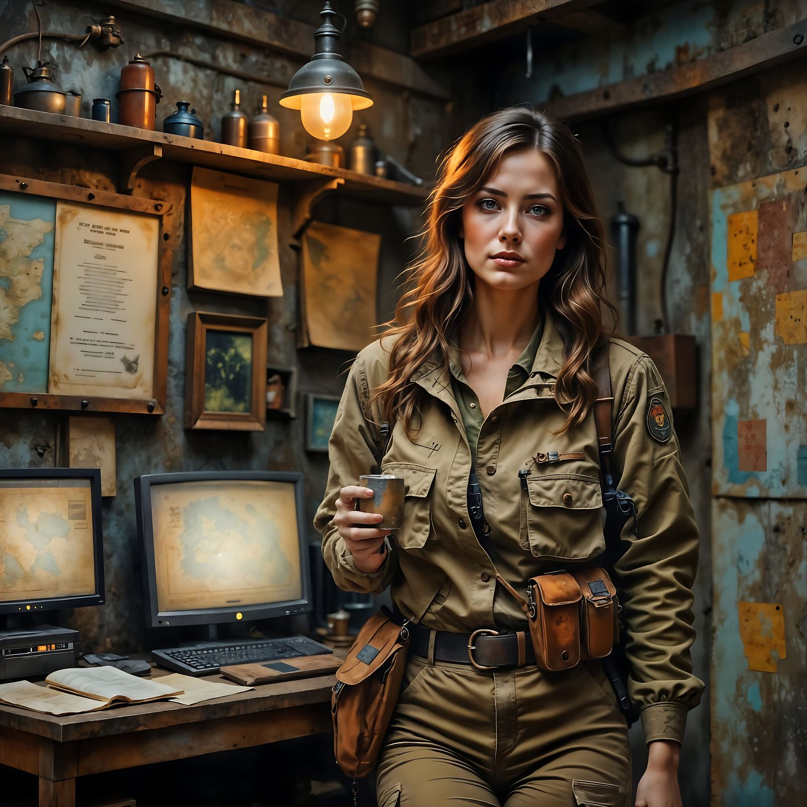 Survivalist in Bunker Sips Coffee Among Maps and Ruin