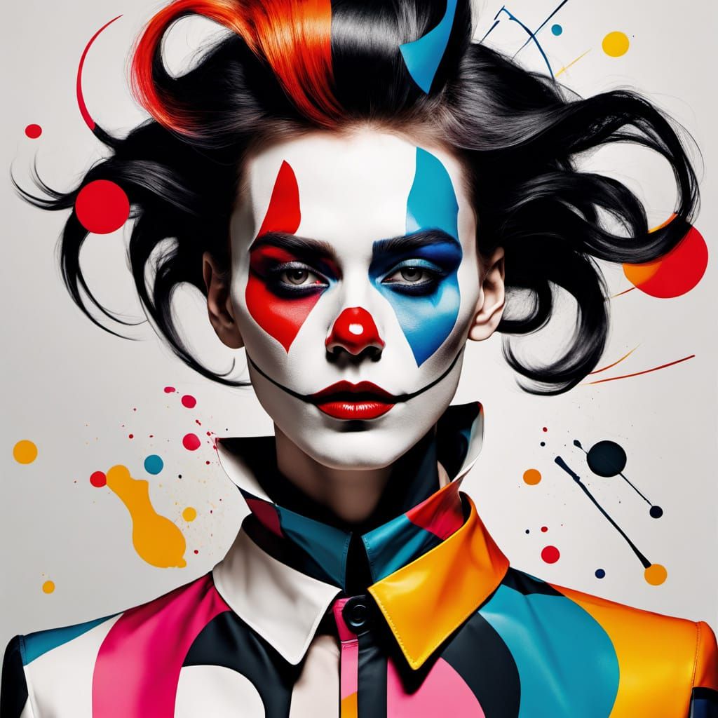 A vibrant, androgynous clown with a bold, geometric costume ...