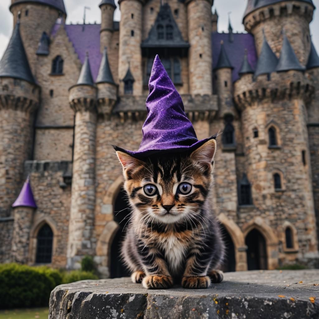 Kitten in Witch Hat at Spooky Castle