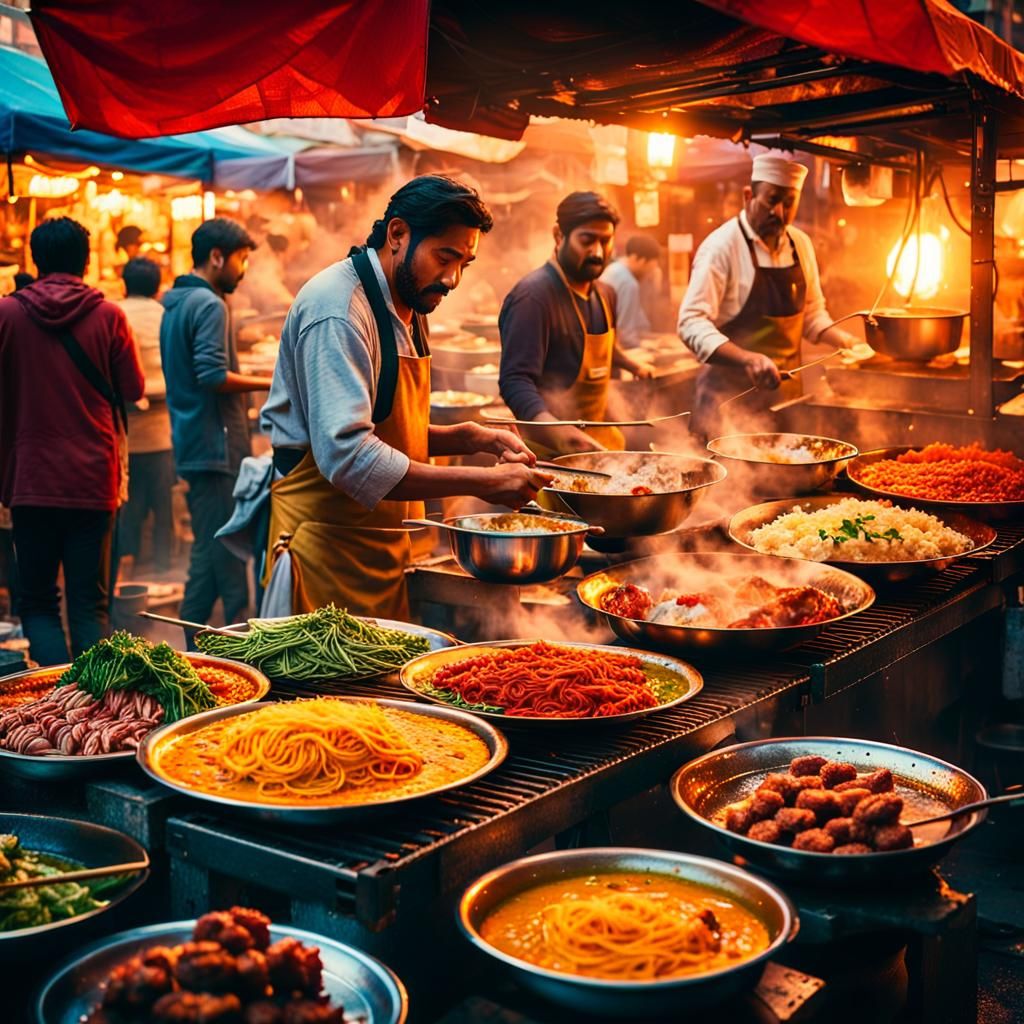 Global Street Food Market in Cinematic Lighting