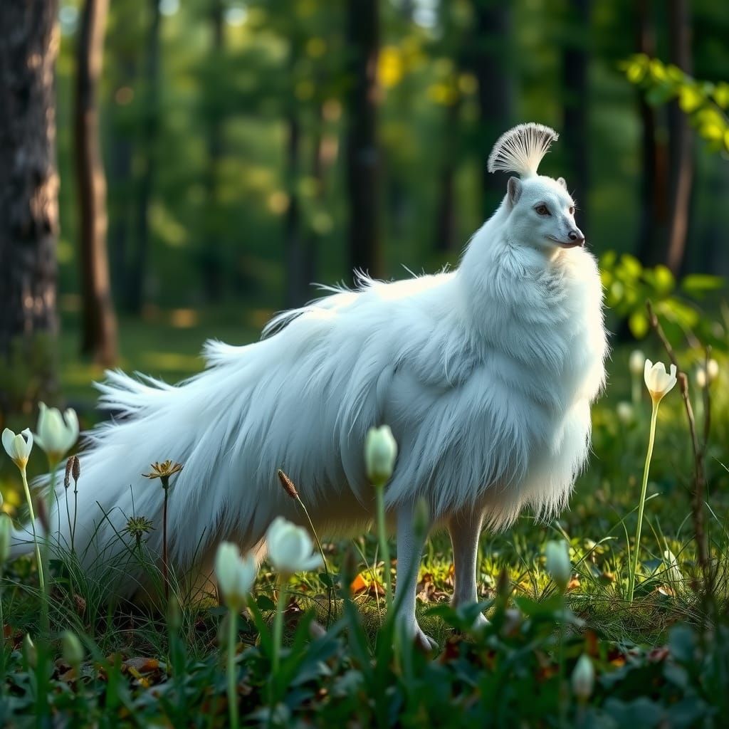 Iridescent White Wolf Peacock in Forest Meadow
