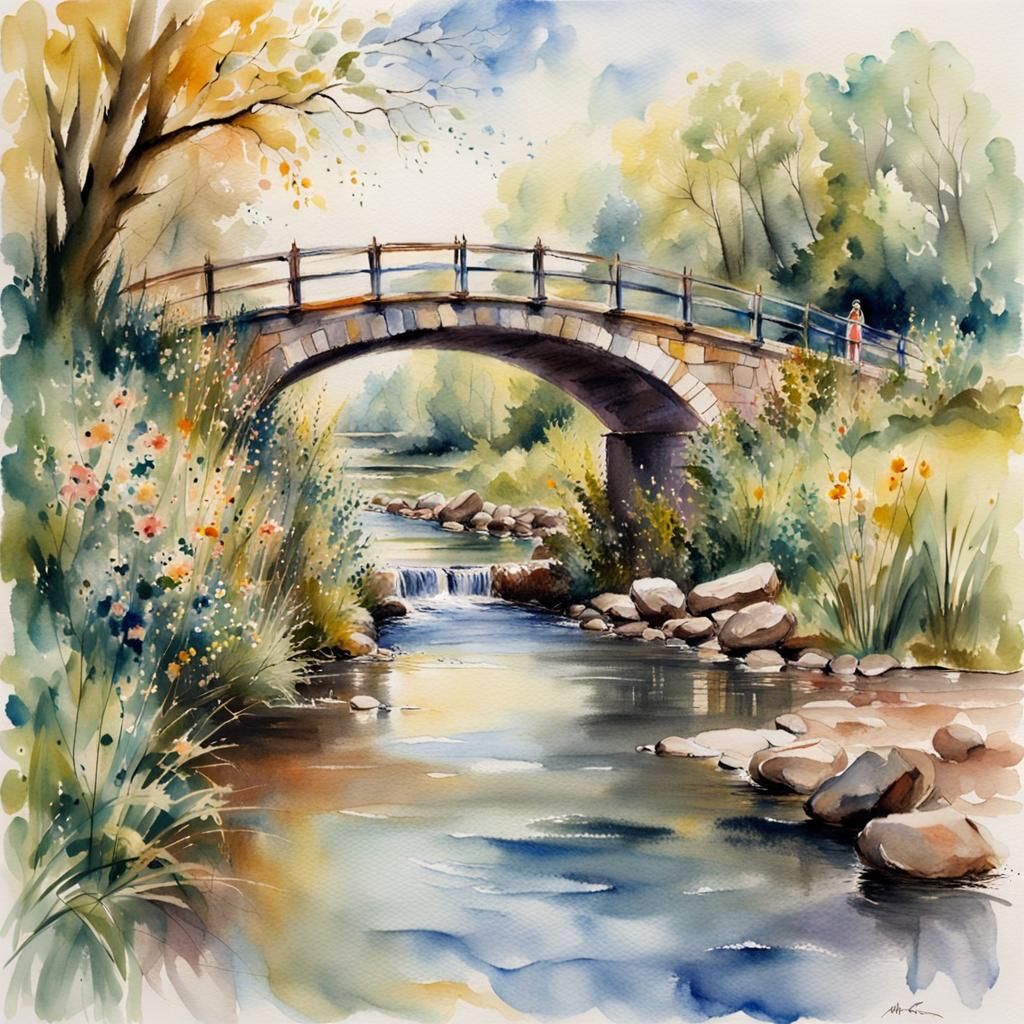 Fantasy Bridge over Stream in Watercolor Style