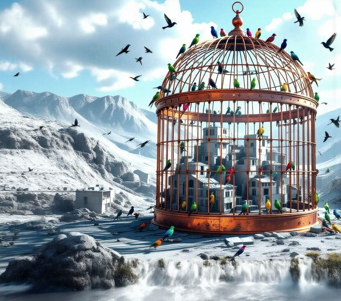 Giant Copper Birdcage Over Concrete Village