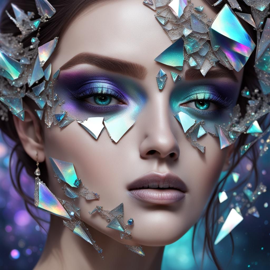Galactic Oasis: Iridescent Girl in Broken Mirror Shards