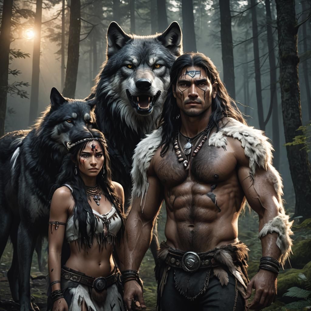 Hyperrealistic Native Americans and Wolf in Forest