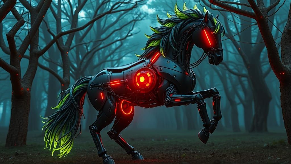 a black half-robot horse, with cybernetic metallic parts, red neon wires run the length of its body and with a core glow...