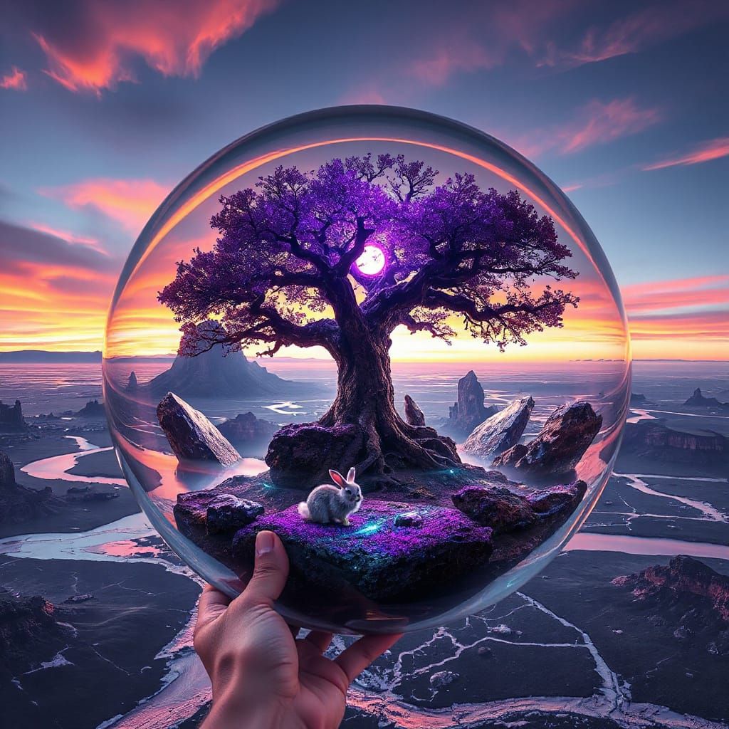 Surreal Crystal Landscape in a Glowing Glass Orb
