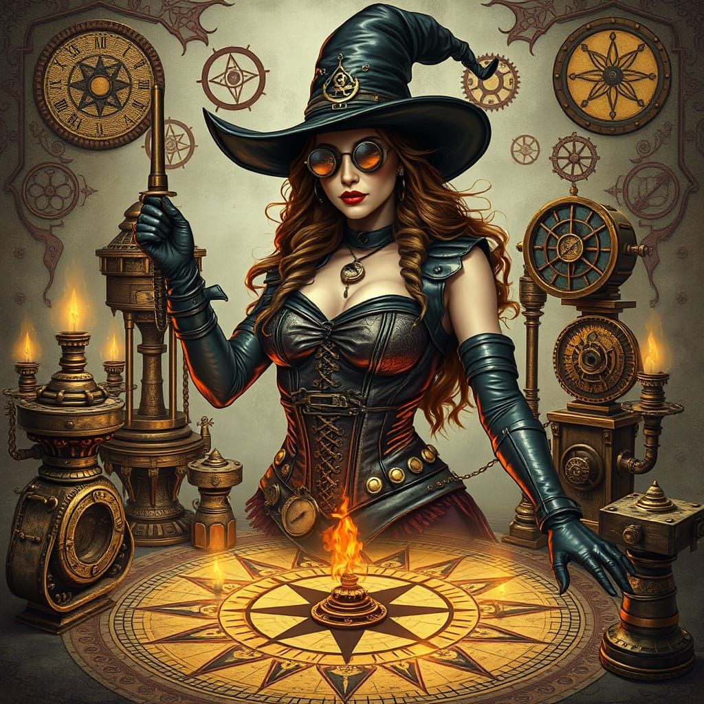 Steampunk Witch Summoning Spell with Lovecraftian Symbols