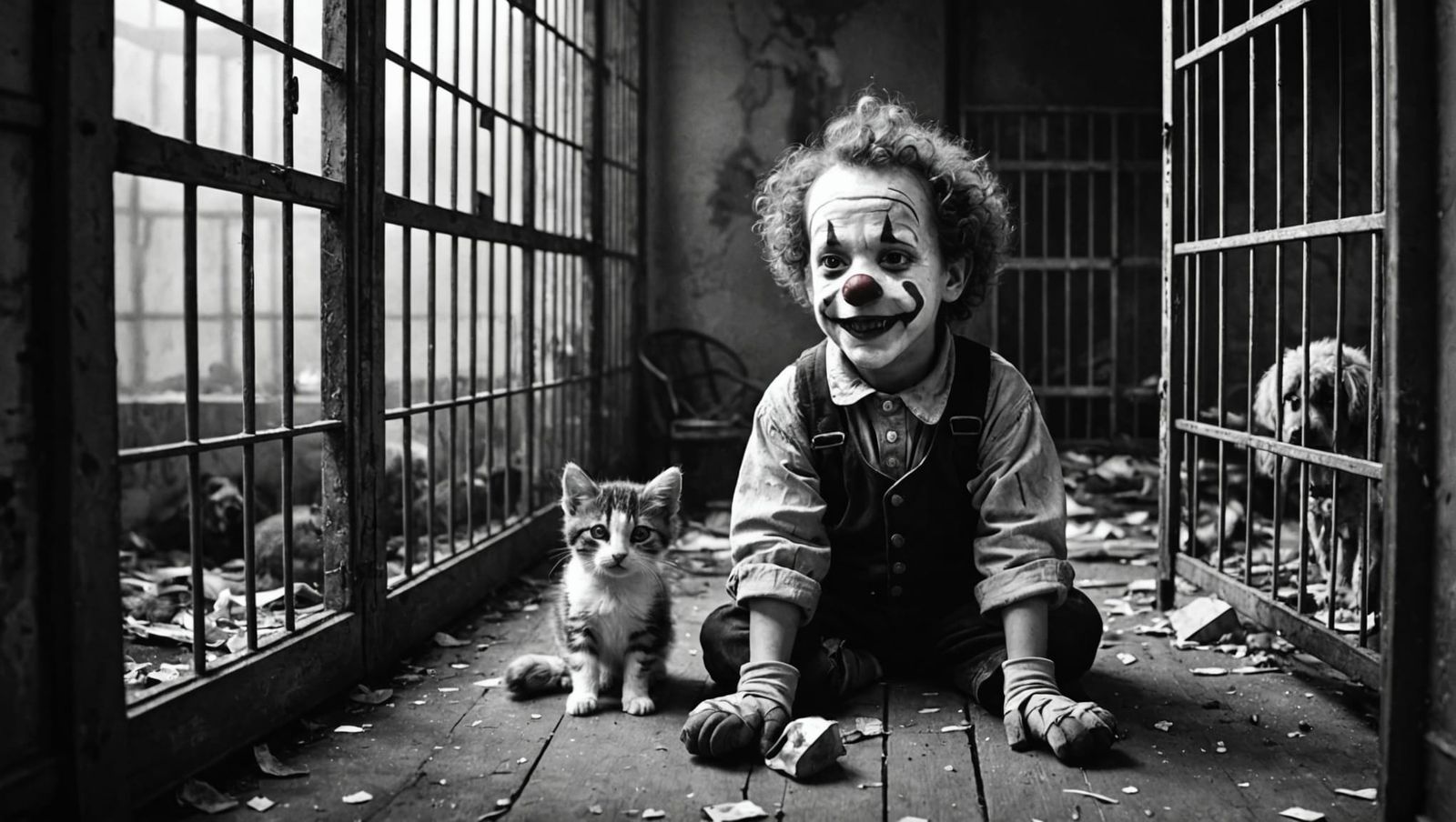 Clown Observes Caged Animals in Post-Apocalyptic Room
